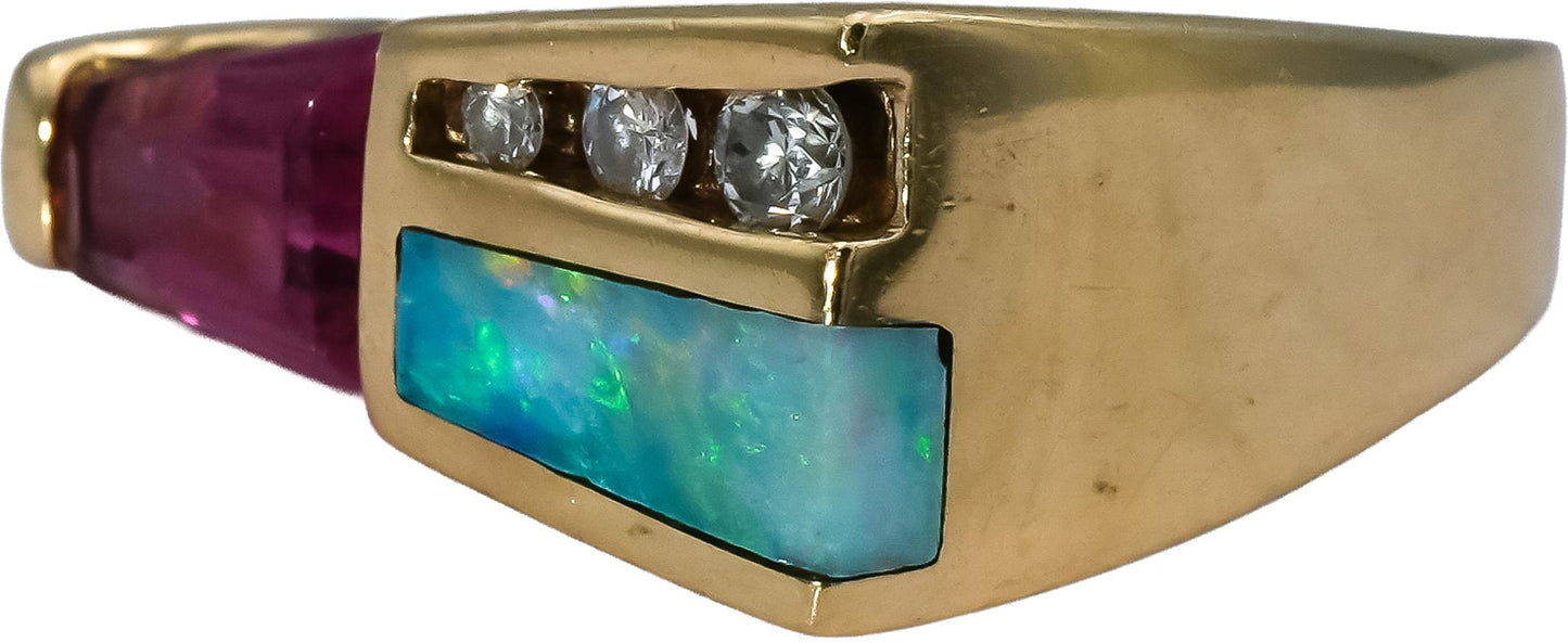14k Yellow Gold Diamond Pink Tourmaline Opal Cocktail Ring 1.10CT Size 4.5