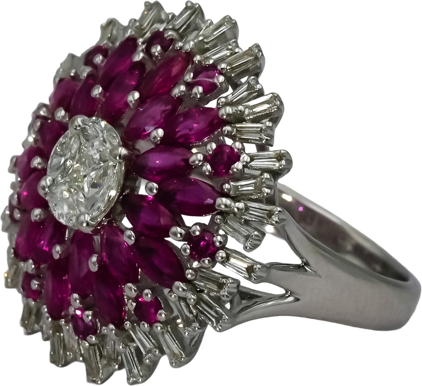 18k White Gold Diamond and Ruby Cocktail Ring 2.85CT Size 7