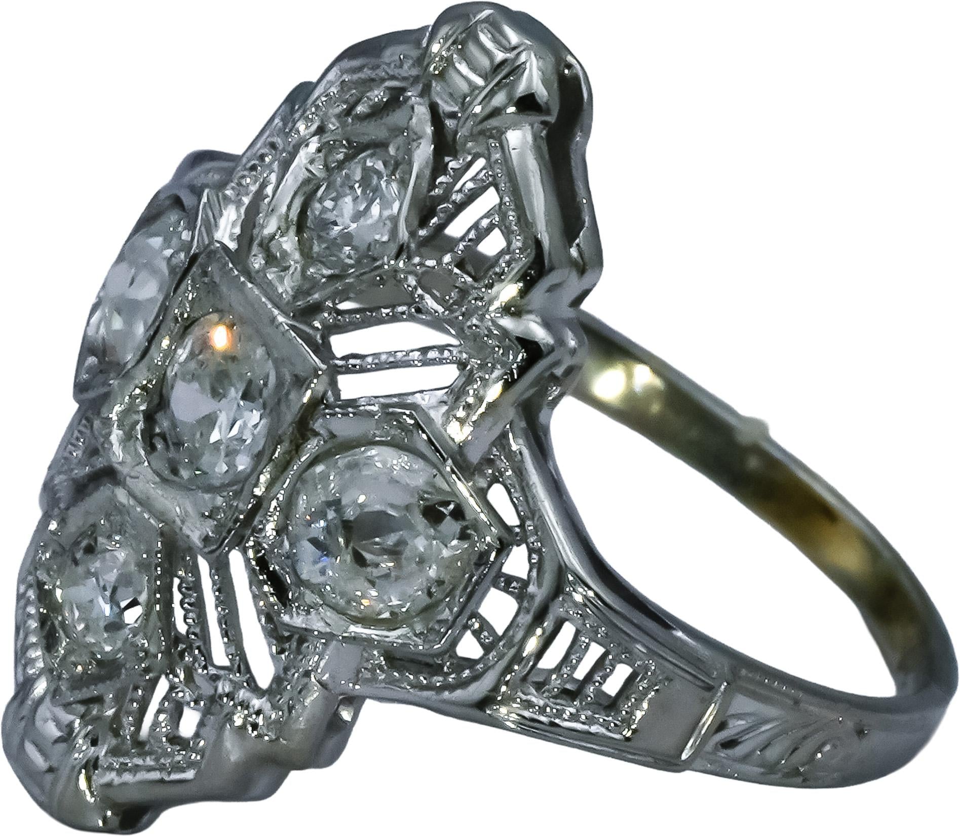 Art Deco Antique Filigree 14k White Gold Old Euro Diamond Ring 0.70CT Size 4.25