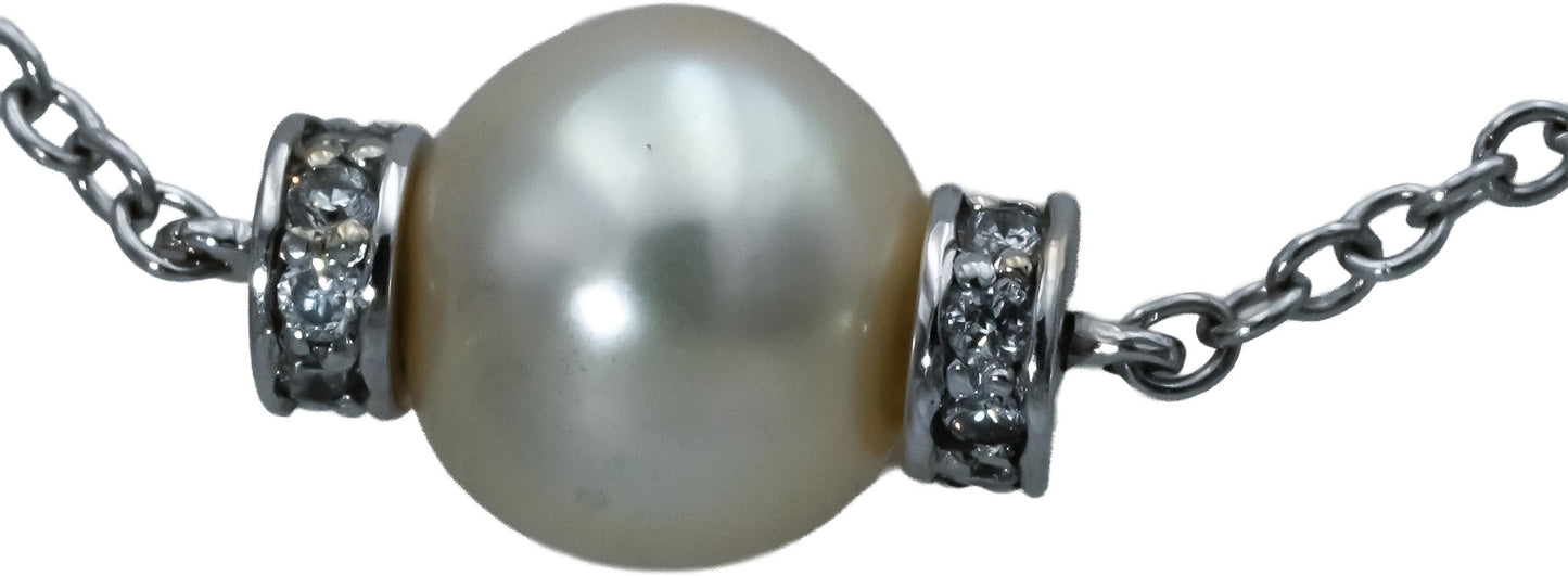 14k White Gold Round Diamond and 8mm Pearl Chain Necklace 0.80CT