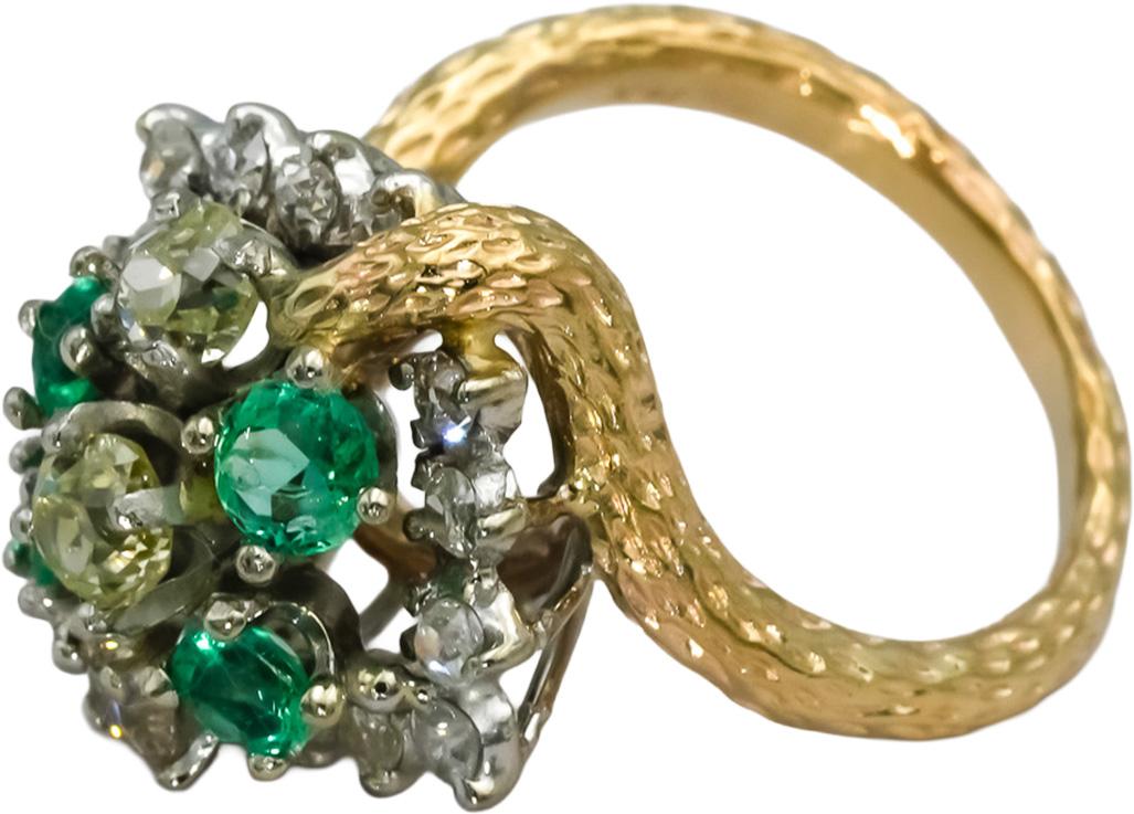 Vintage 14k Yellow & White Gold Emerald and Light Yellow Diamond Ring 2.10CT