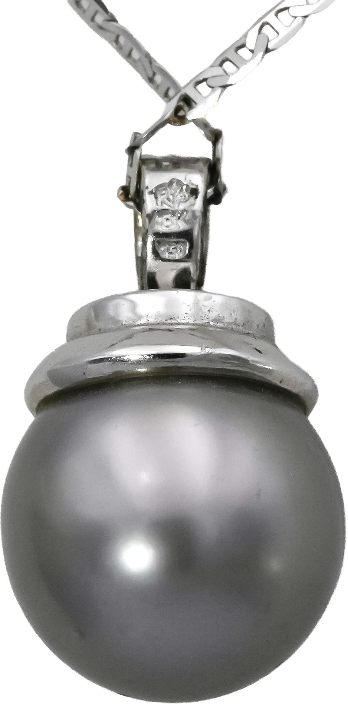 18k White Gold Round Diamond and 14.5mm Pearl Pendant Necklace 0.10