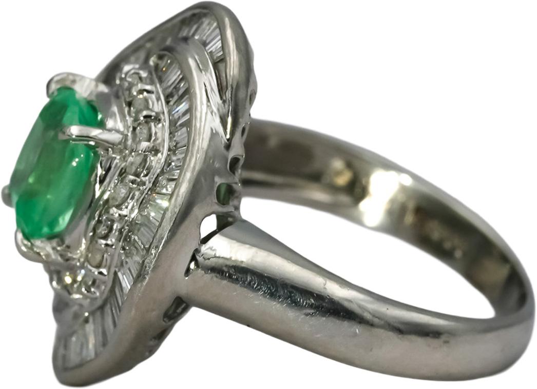 Platinum Round and Baguette Diamond Cushion Emerald Cocktail Ring 2.16CT Sz 6.25