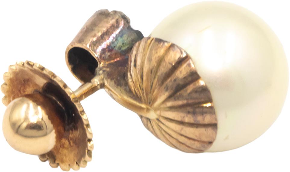 Antique 18K Gold Sterling Silver 0.10CT Diamond and 10mm Pearl Stud Earrings