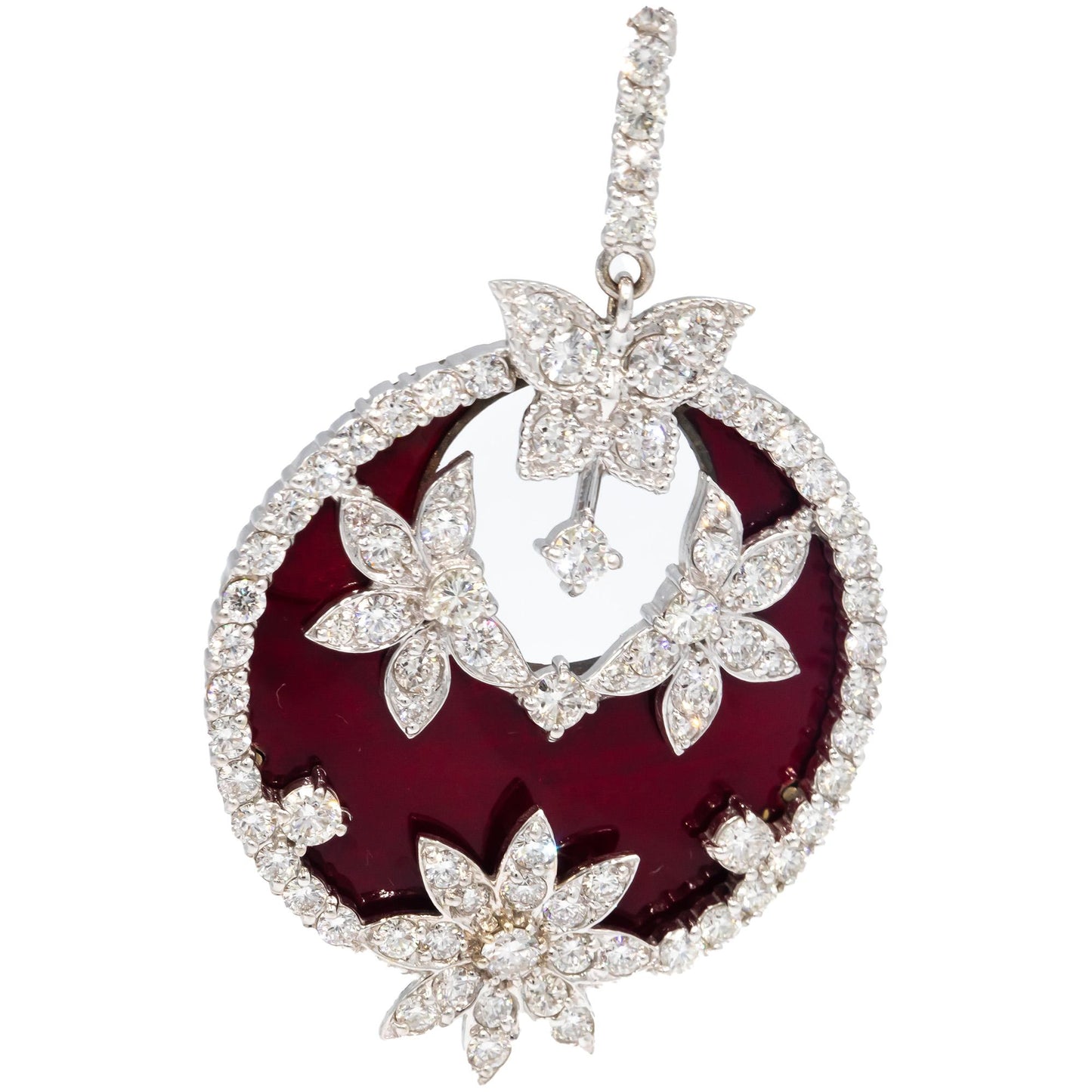 STAMBOLIAN 18k White Gold VS Diamond Red Enamel Floral Drop Earrings 8.10CT
