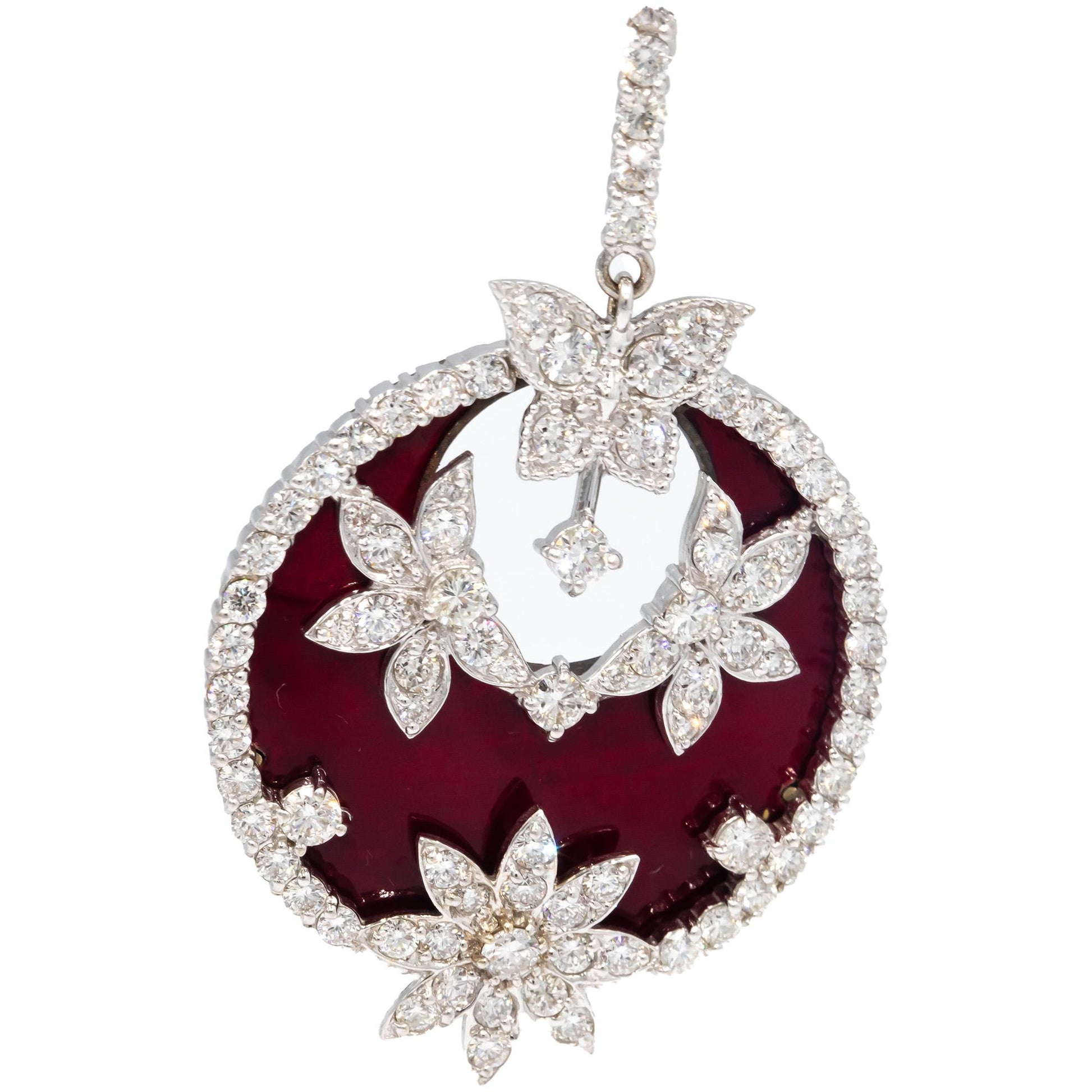 STAMBOLIAN 18k White Gold VS Diamond Red Enamel Floral Drop Earrings 8.10CT