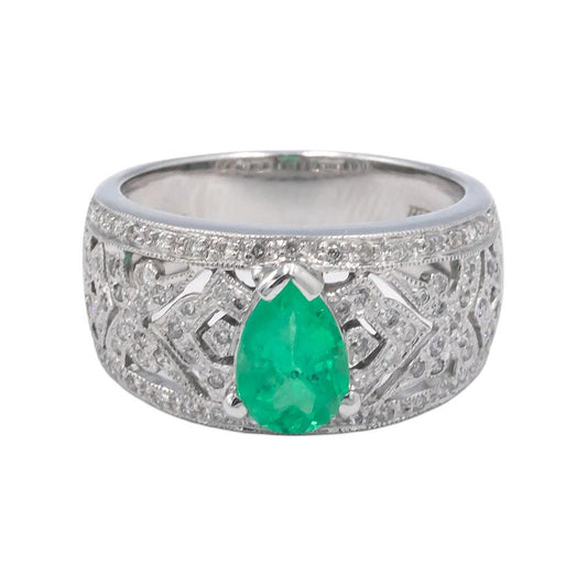 KALATI 18k White Gold 1.45CT Diamond and Emerald Filigree Ring Size 6.25