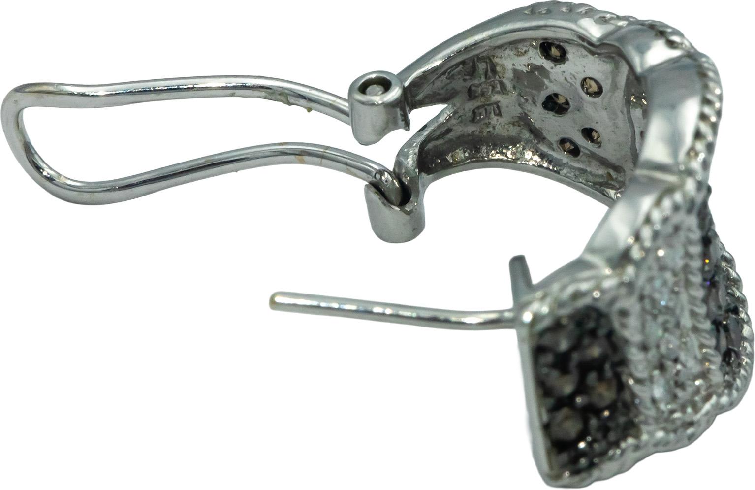 14k White Gold 1.25CT White and Brown Diamond Cluster Curved Earrings