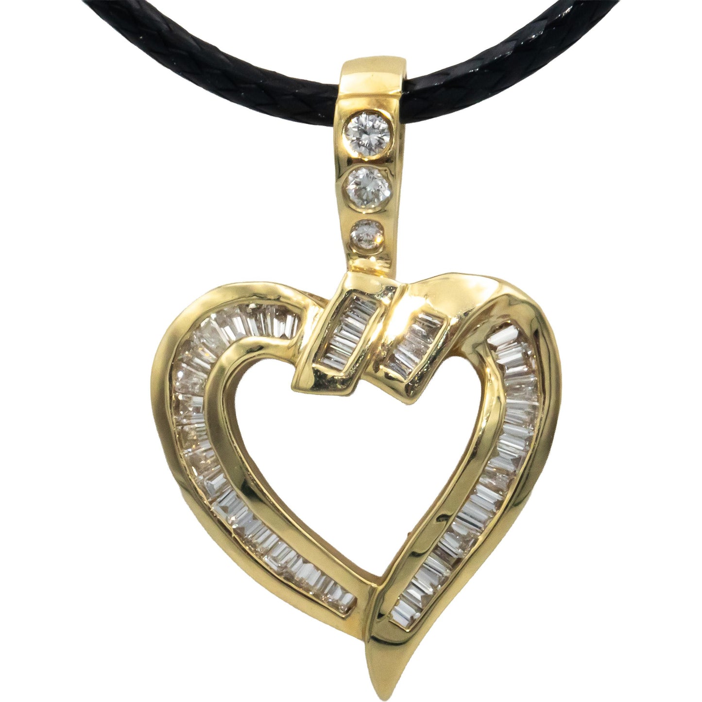 14k Yellow Gold 0.75CT VS Round & Baguette Cut Diamond Heart Pendant Necklace