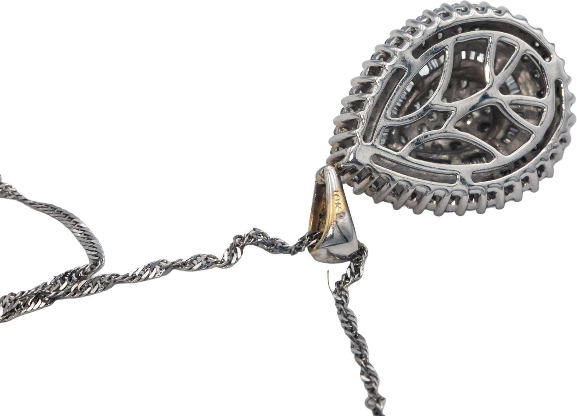 10k White Gold 1.0CT Diamond Cluster Pendant Chain Necklace