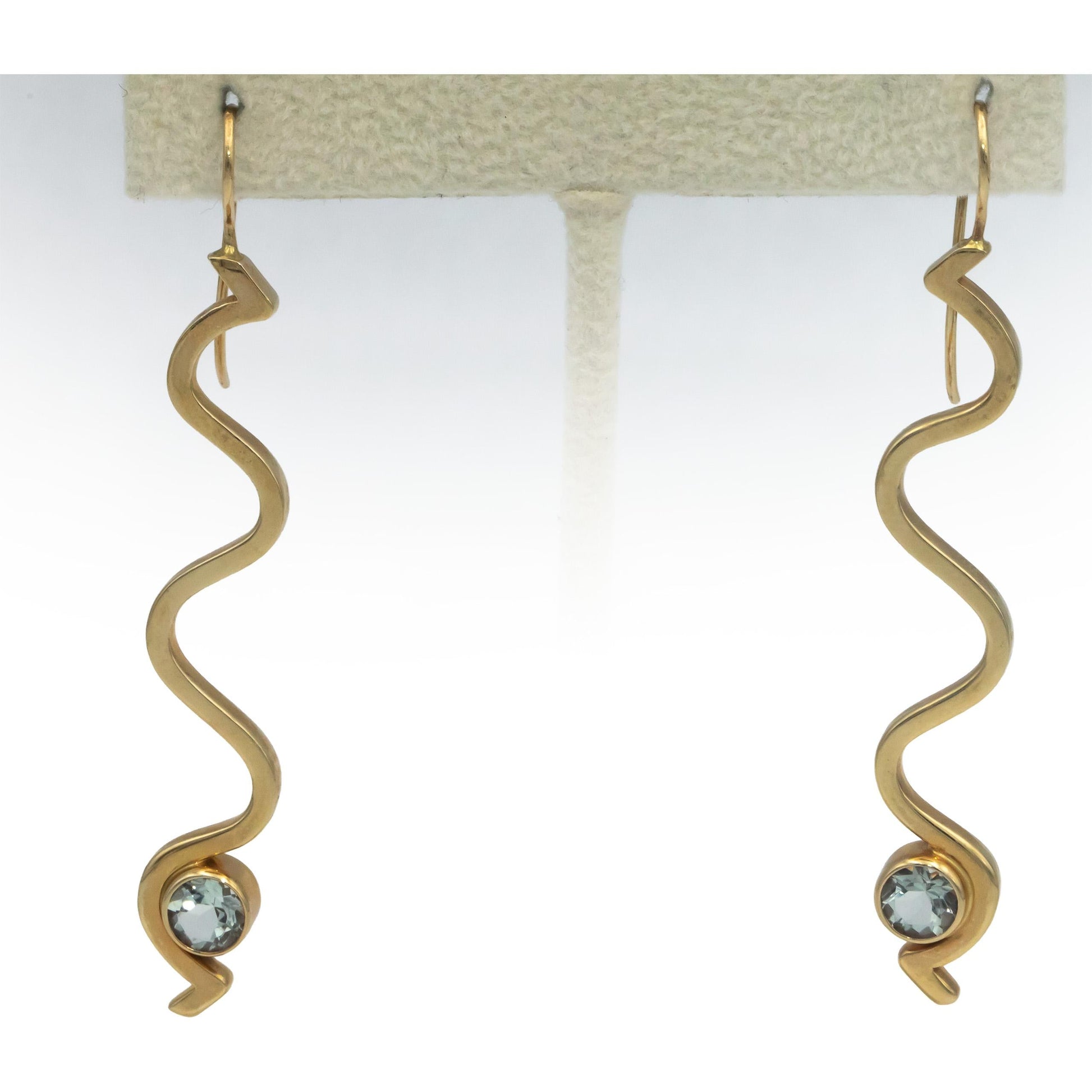 Designer Signed 14k Yellow Gold 1.10CT Round Cut Aquamarine Wavy Drop Earrings