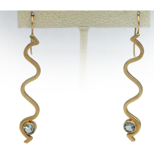 Designer Signed 14k Yellow Gold 1.10CT Round Cut Aquamarine Wavy Drop Earrings