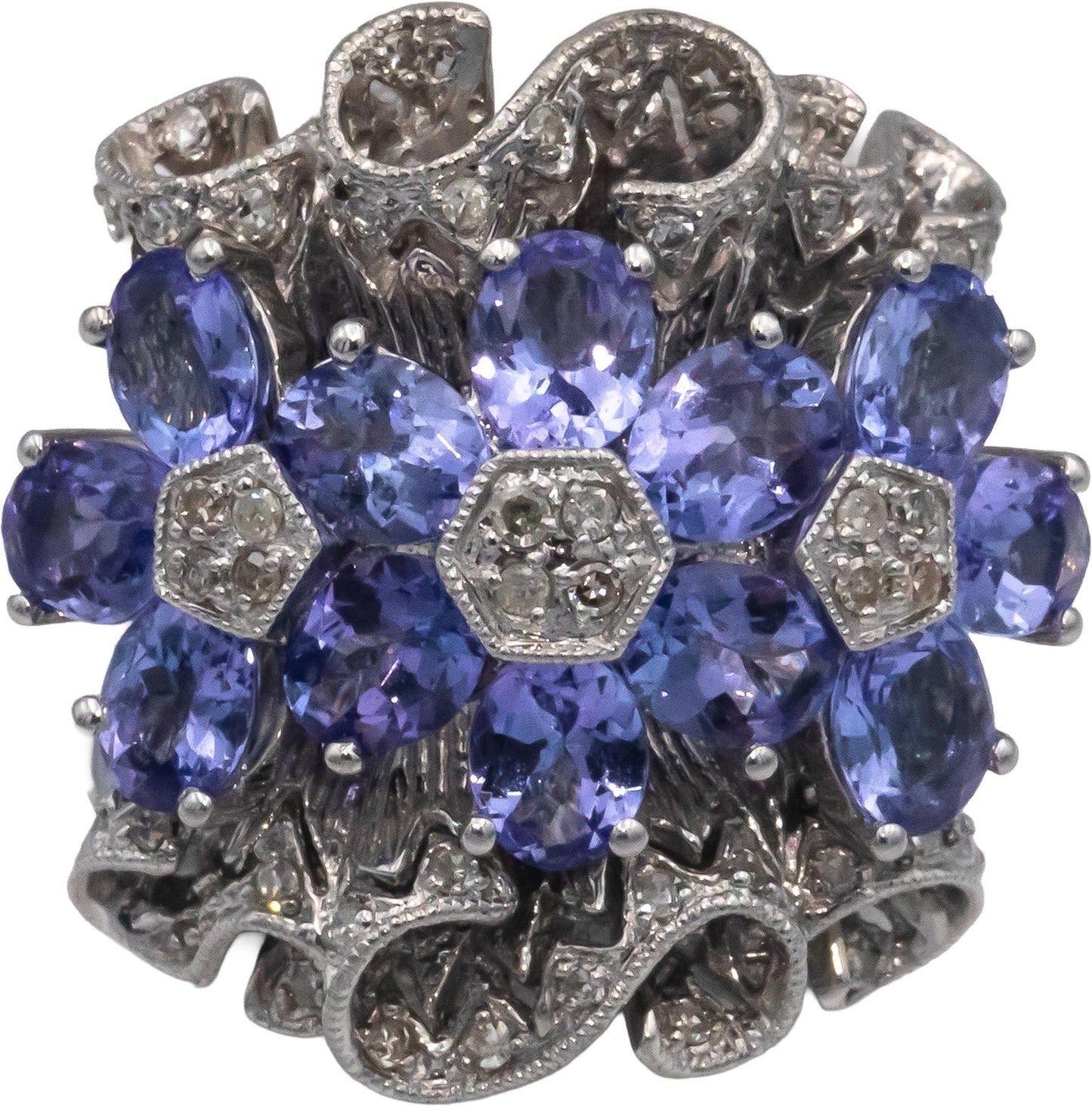 14k White Gold 4.25CT Diamond and Tanzanite Flower Cluster Ring Size 7