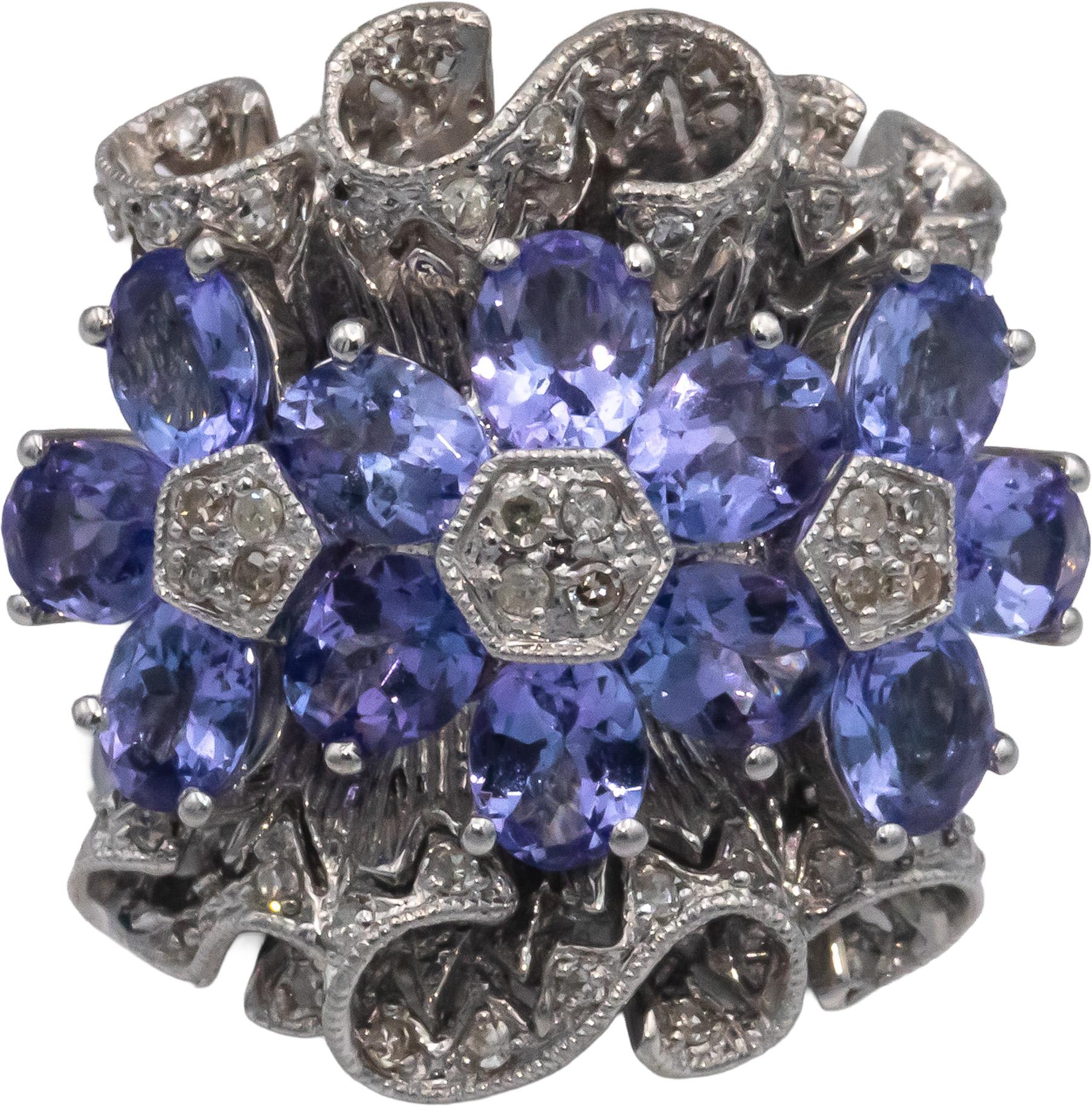 14k White Gold 4.25CT Diamond and Tanzanite Flower Cluster Ring Size 7