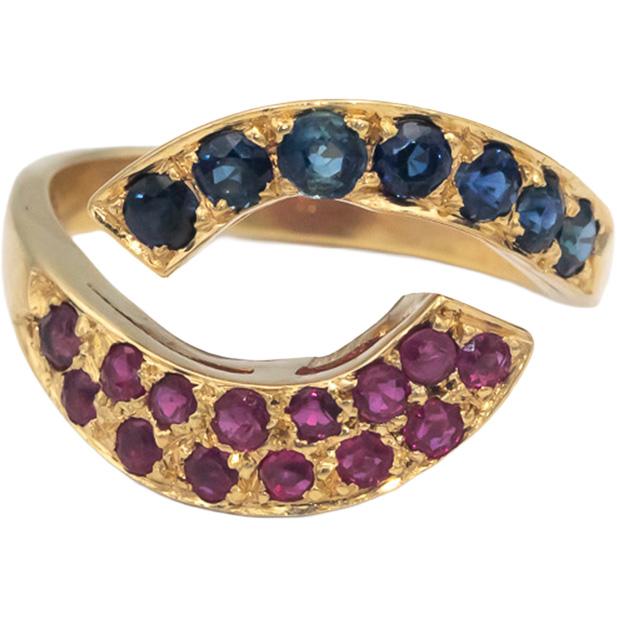 18k Yellow Gold Jewelry 1.75CT Ruby and Sapphire Crossover Ring Size 8.25