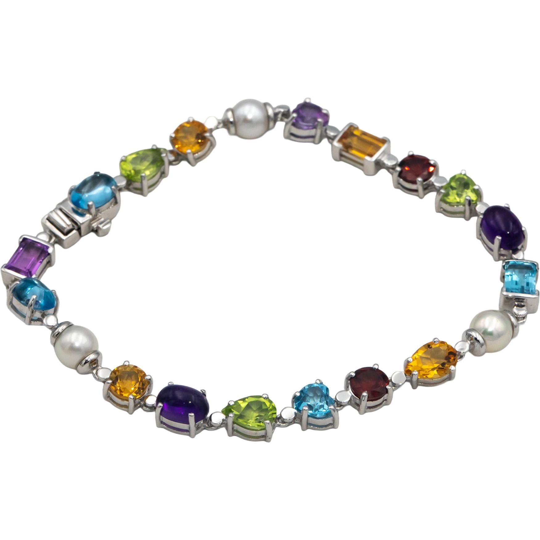 10k White Gold Assorted Rainbow Gemstone & Pearl Bracelet 10.0CT