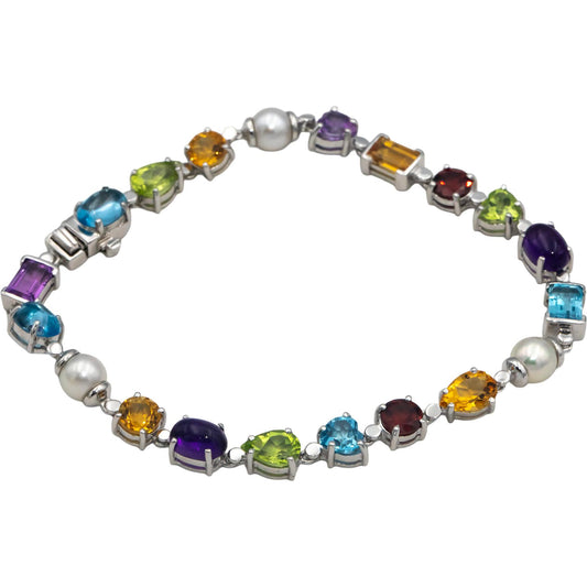 10k White Gold Jewelry 10.0CT Assorted Gemstone & 5.5mm Pearl Bracelet