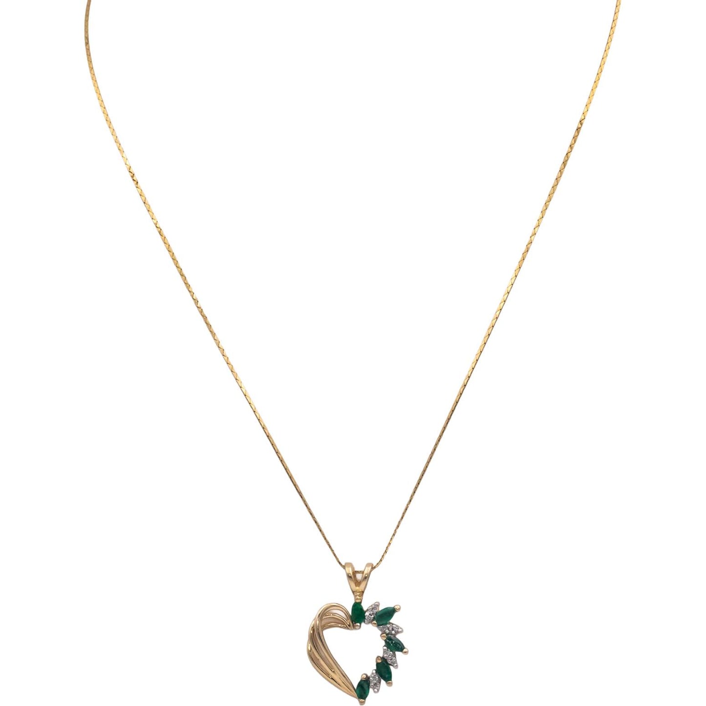 14k Yellow Gold 0.55CT Diamond and Emerald Heart Pendant Necklace