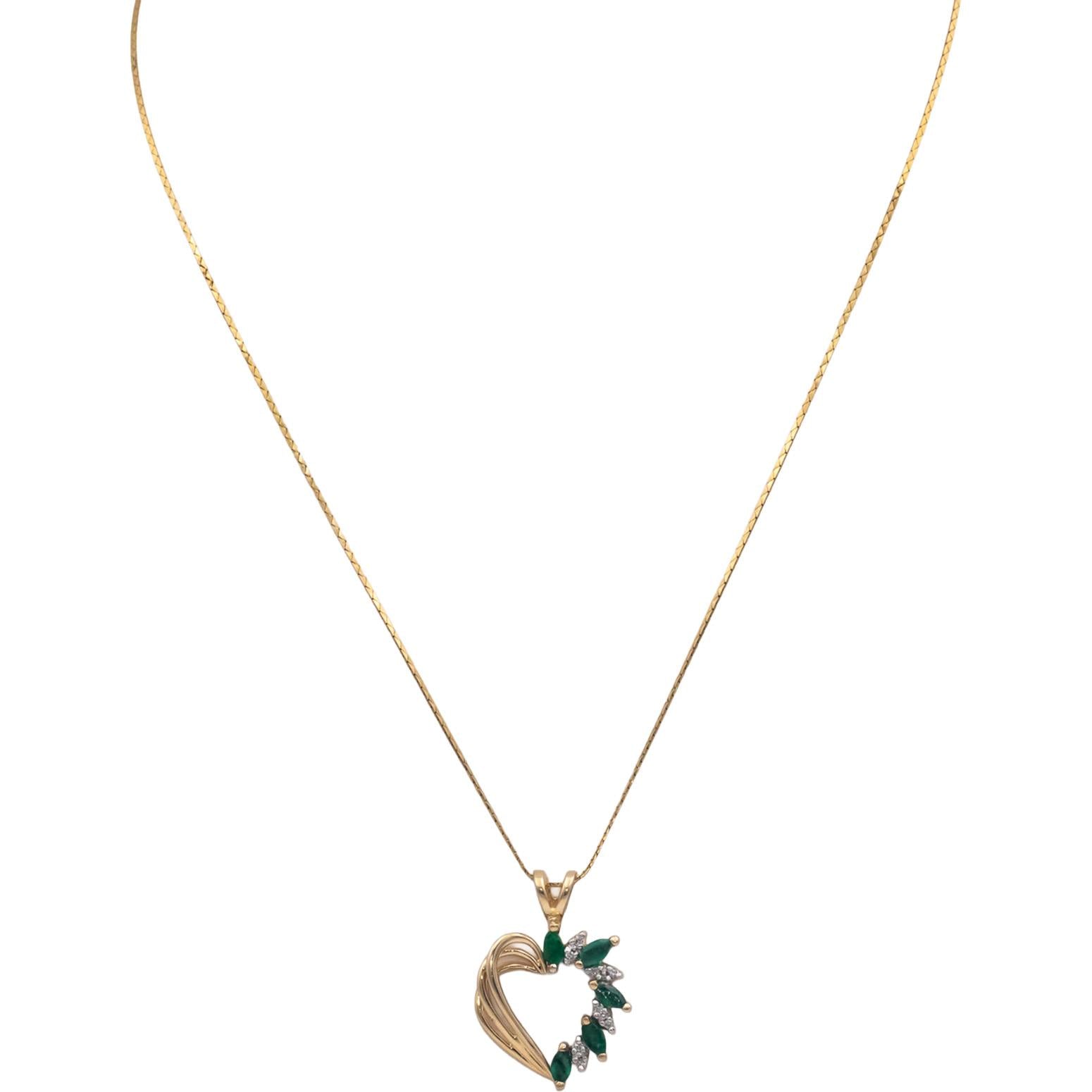 14k Yellow Gold 0.55CT Diamond and Emerald Heart Pendant Necklace