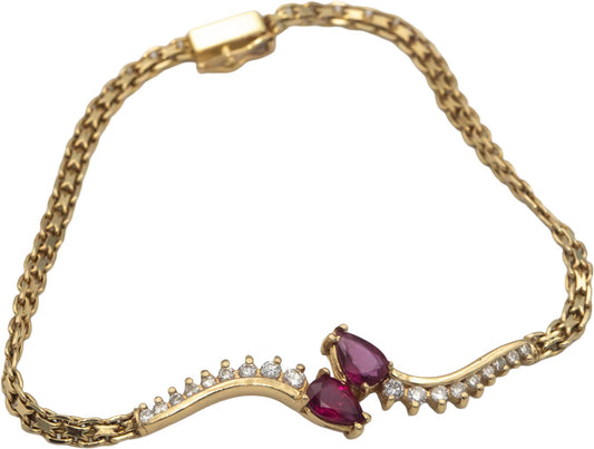 14k Yellow Gold 1.23CT Round Cut Diamond and Pear Cut Ruby Link Bracelet