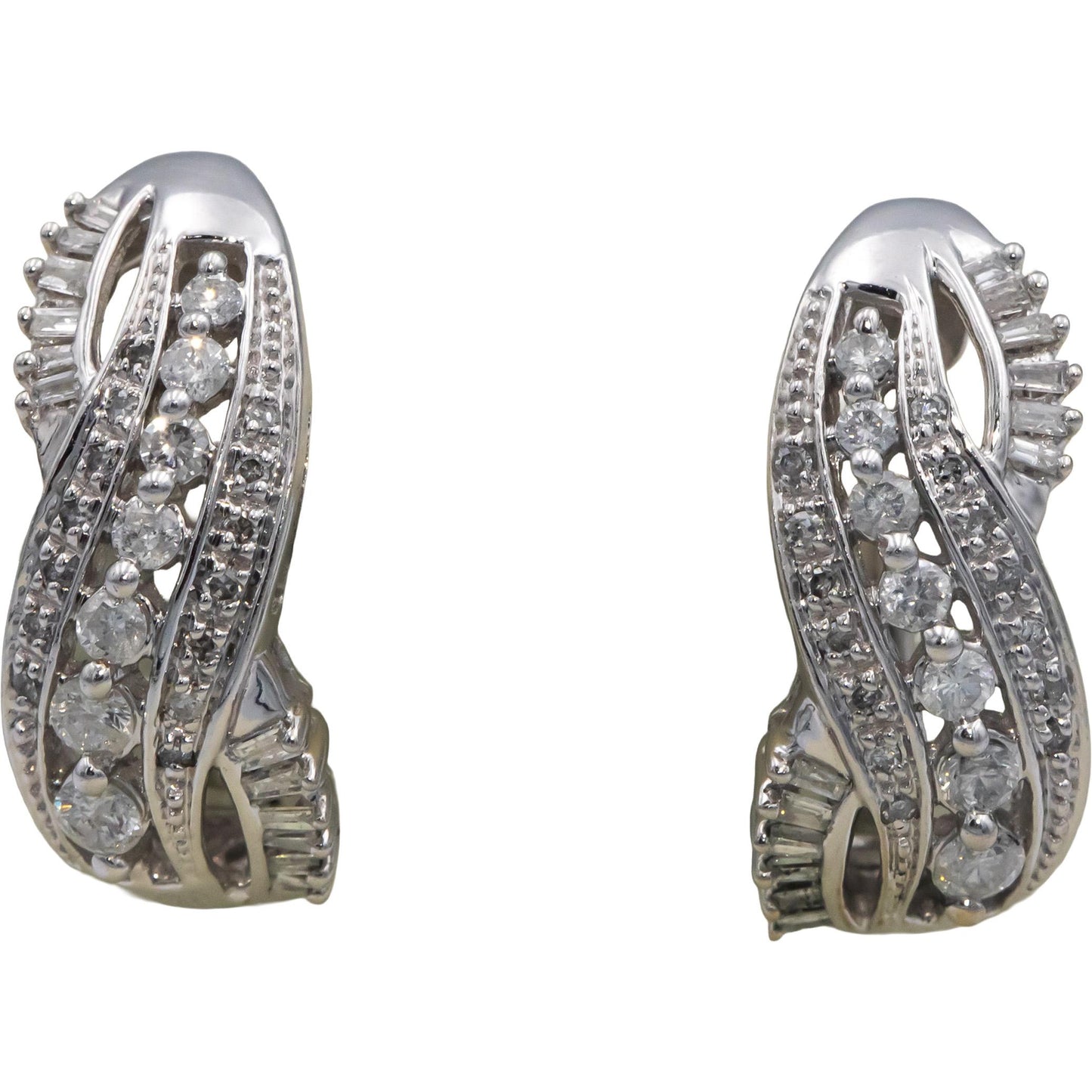 10k White Gold 0.50CT Round and Baguette Cut Curved Earrings