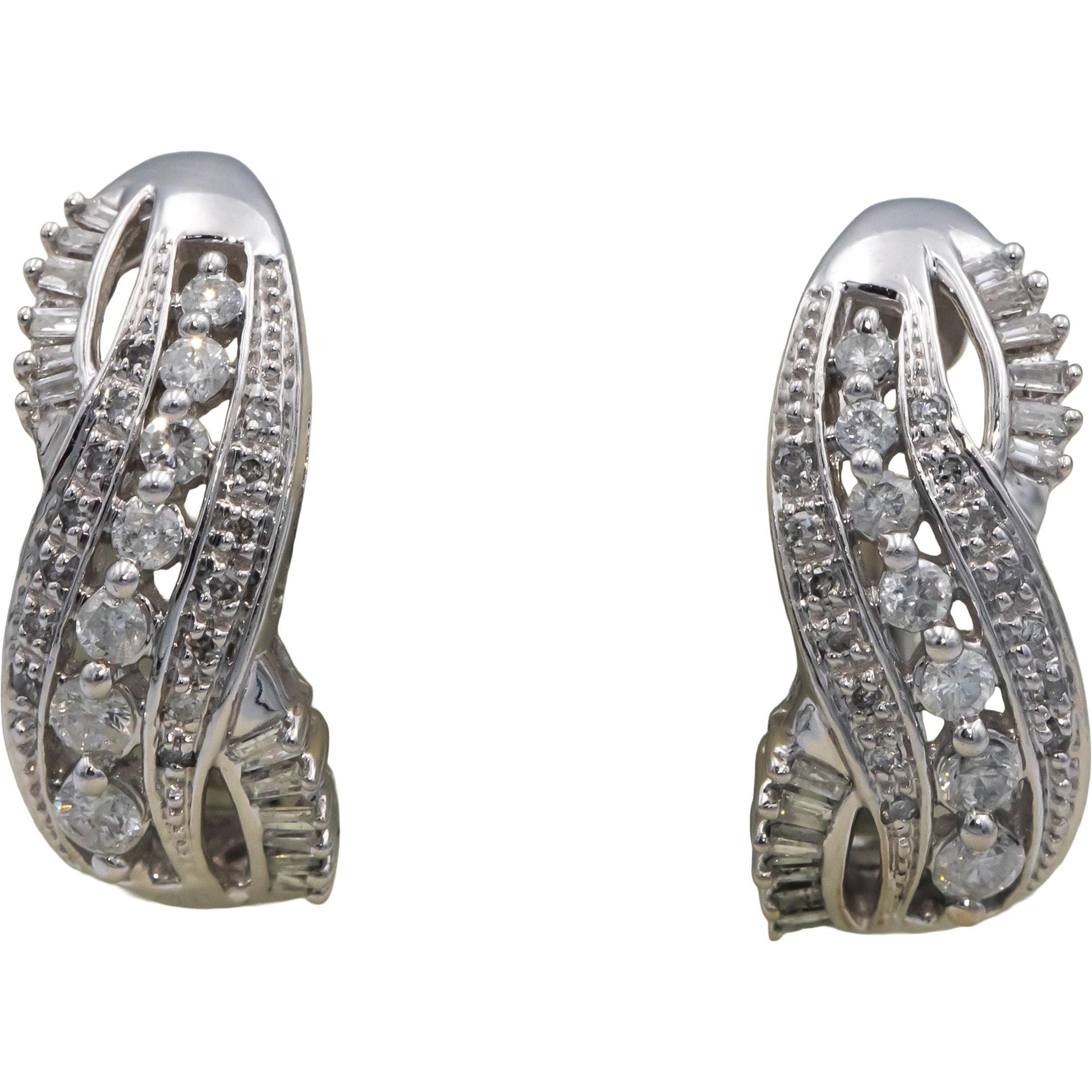 10k White Gold 0.50CT Round and Baguette Cut Curved Earrings
