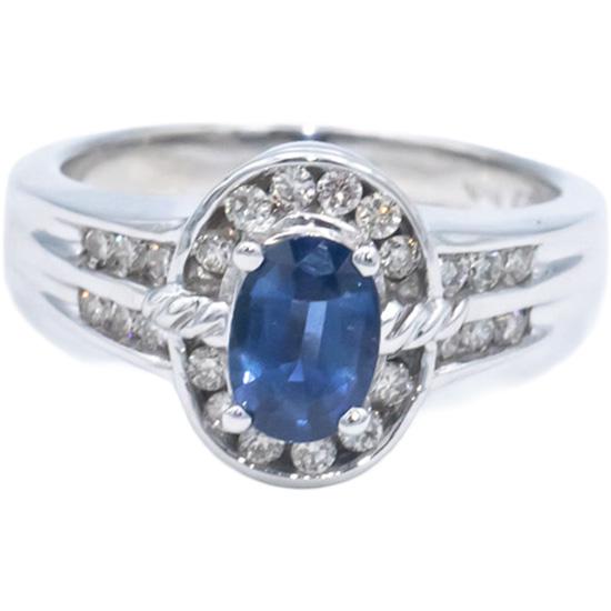 14k White Gold 1.20CT Round Diamond and Oval Sapphire Oval Ring Size 7