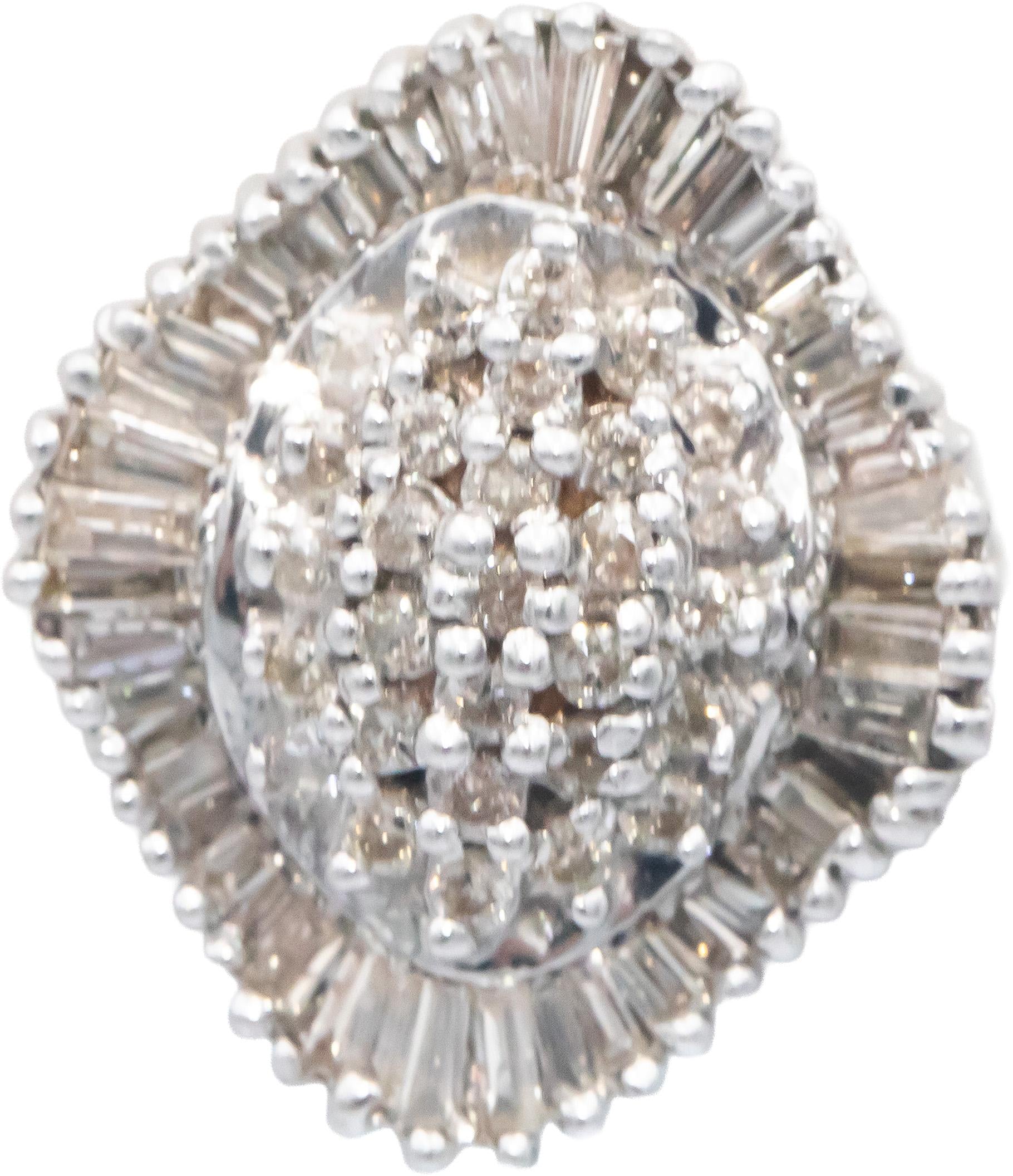14k White Gold Round and Baguette Cut Cluster Stud Earrings 1.50CT