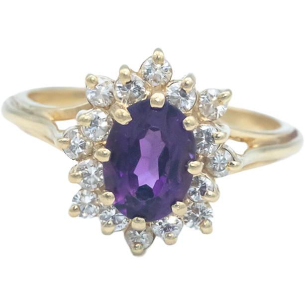 14k Yellow Gold 1.45CT Round Cut Diamond and Oval Cut Amethyst Ring Size 6.75