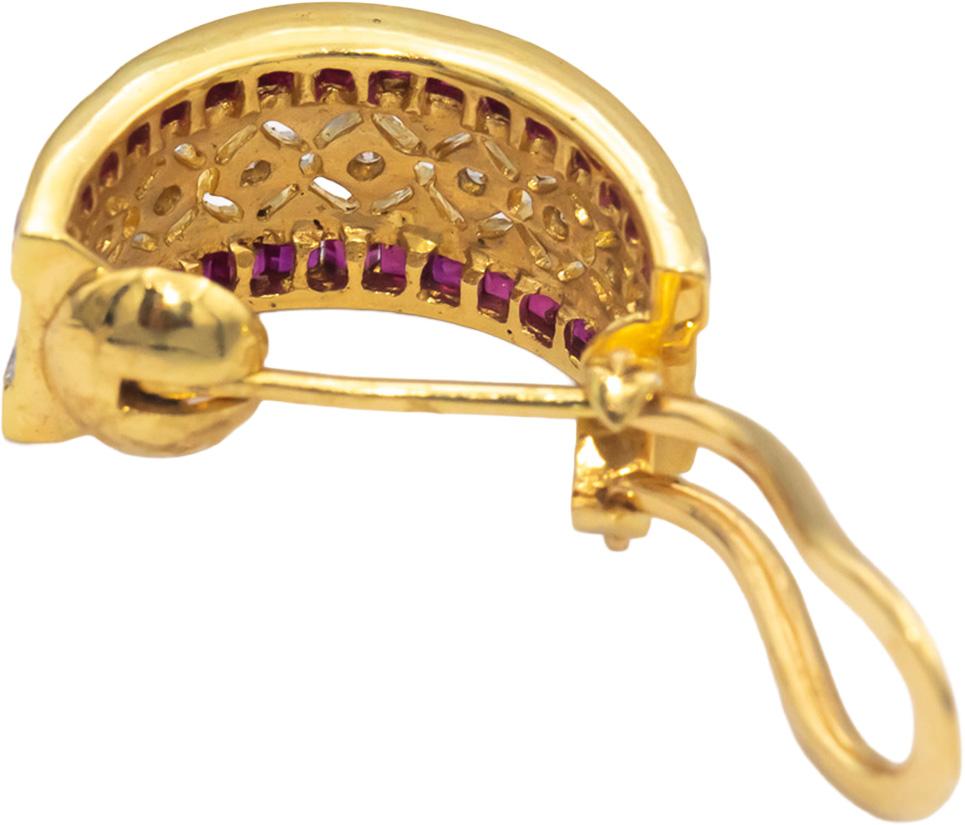 18k Yellow & White Gold 1.60CT Diamond and Ruby Curved Earrings