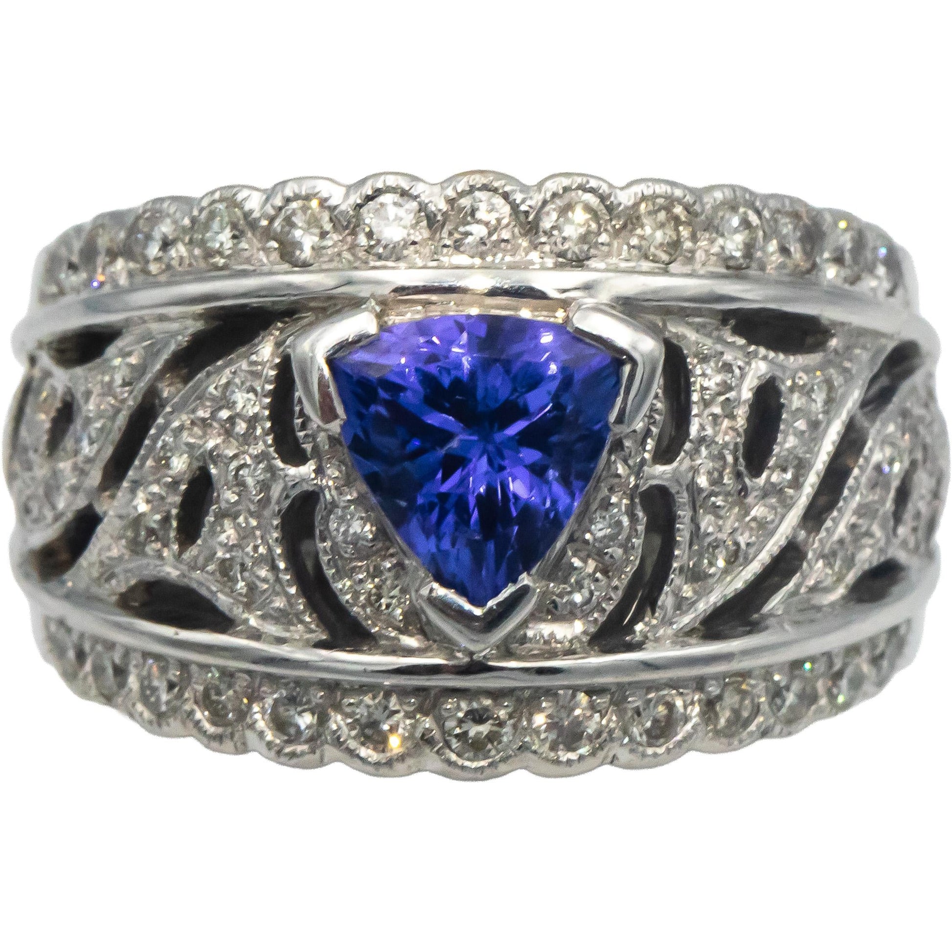 Designer 18k White Gold 1.51CT Diamond and Tanzanite Cocktail Ring Size 6.25