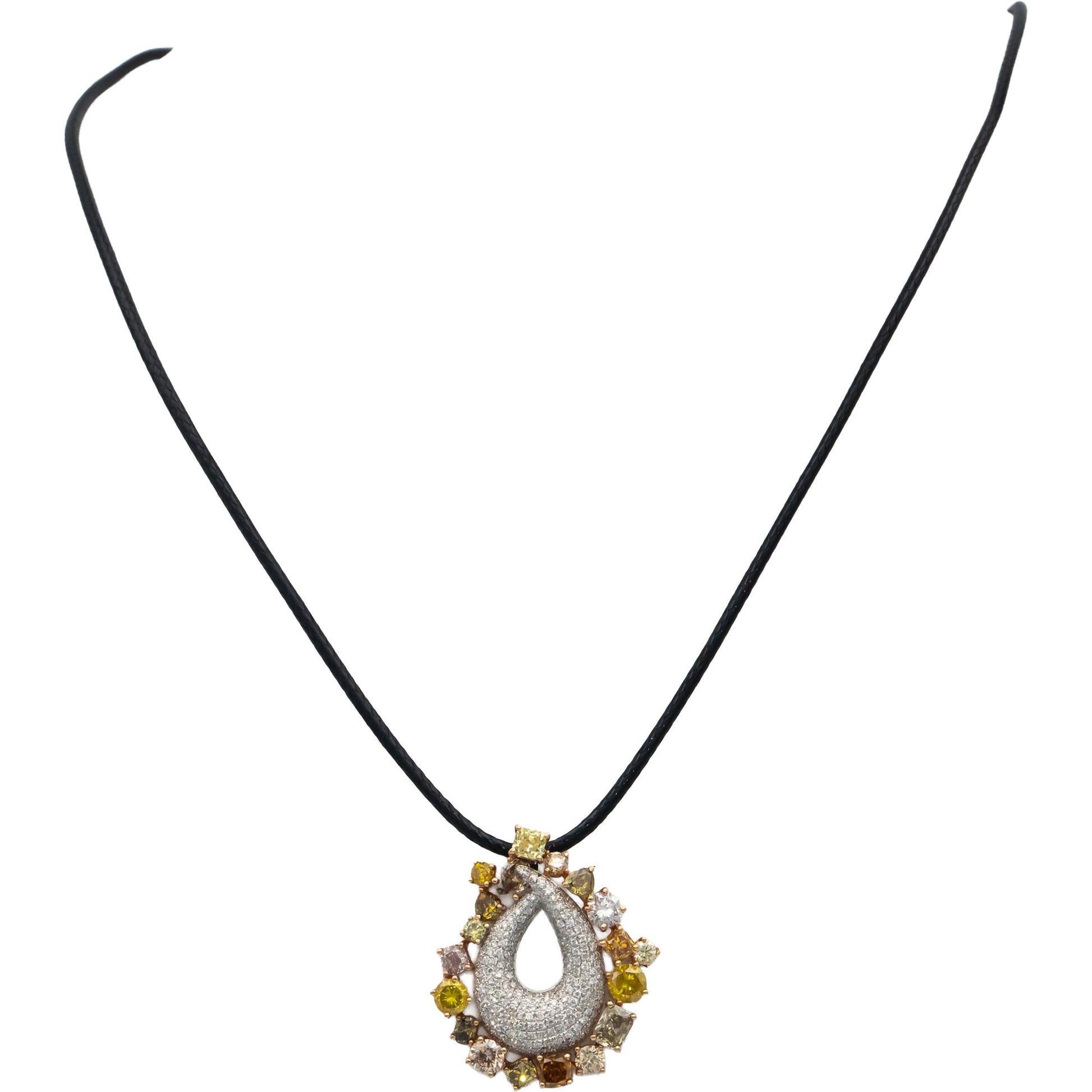 18k White & Yellow Gold White & Fancy Color Diamond Pendant Necklace 3.76CT