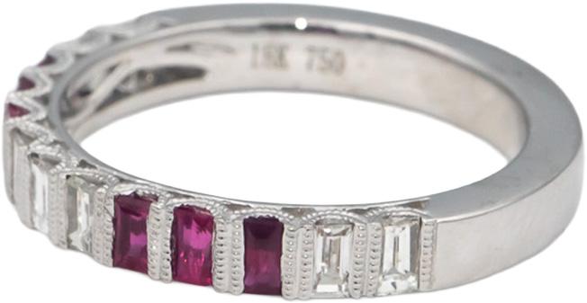 18k White Gold Emerald Cut Ruby and Diamond Band Ring Size 0.75CT Size 6.5