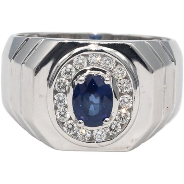 14k White Gold VS Oval Sapphire & Round Diamond Men's Ring 1.27CT Size 11