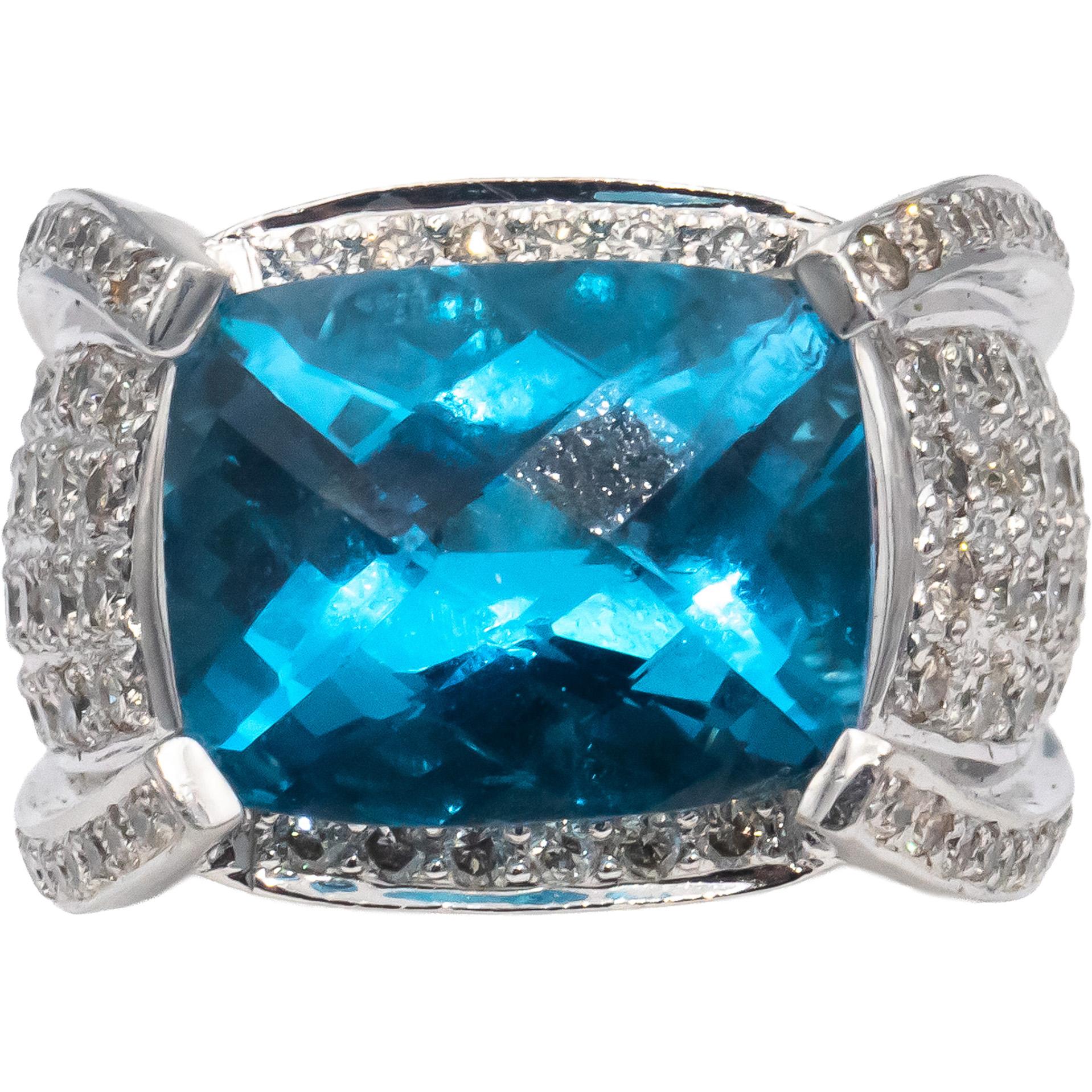 14k White Gold Blue Topaz and Diamond Cocktail Ring 13.50CT Size 7.75