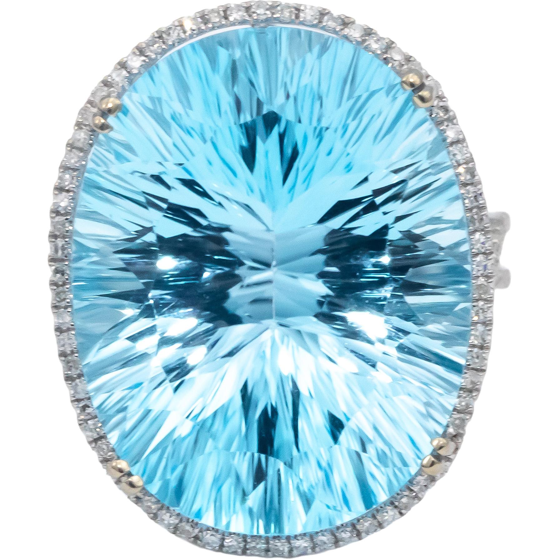 14k White Gold Oval Fantast Cut Blue Topaz & Diamond Cocktail Ring 32.30CT Sz 8