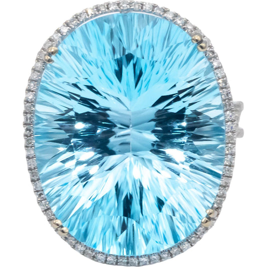 14k White Gold Oval Fantast Cut Blue Topaz & Diamond Cocktail Ring 32.30CT Sz 8