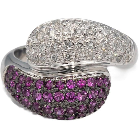 14k White Gold Round Diamond & Ruby Cluster By Pass Ring 1.0CT Size 6.75