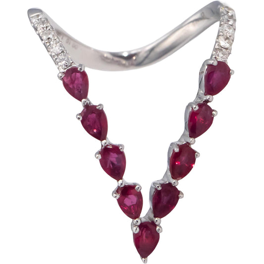 18k White Gold Pear Ruby Round Diamond V-Shaped Ring 1.10CT Size 7.5
