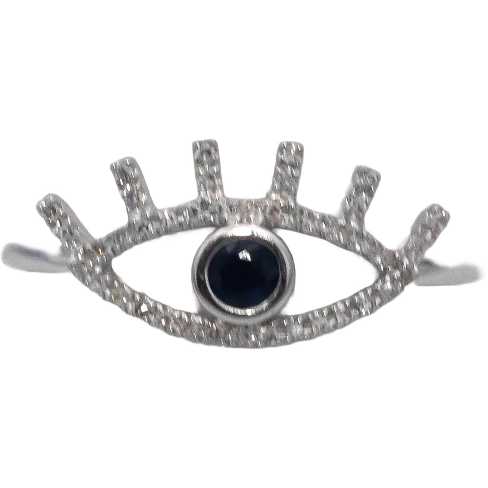 18k White Gold Round Diamond & Blue Sapphire Evil Eye Band Ring 0.27CT Size 6.75