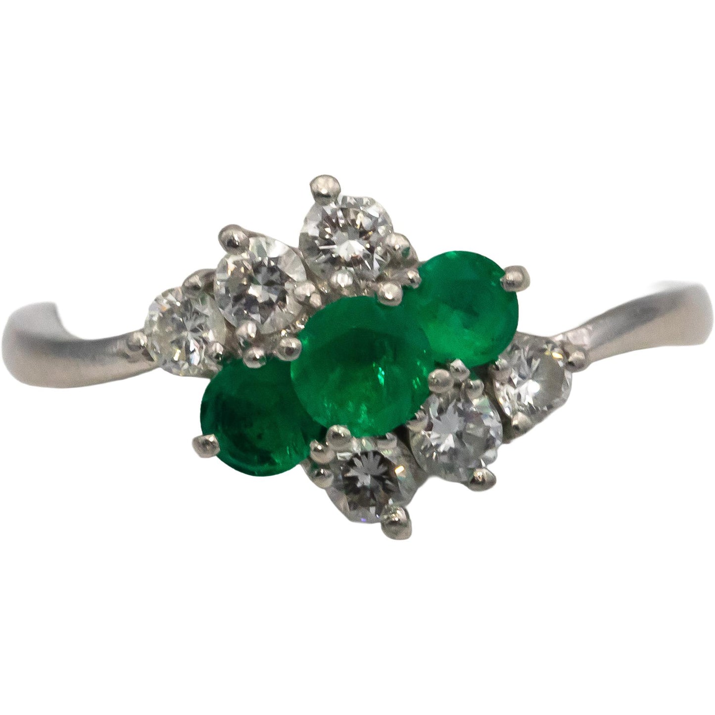Platinum Round Diamond & Emerald Cocktail Ring 0.75CT Size 6.5