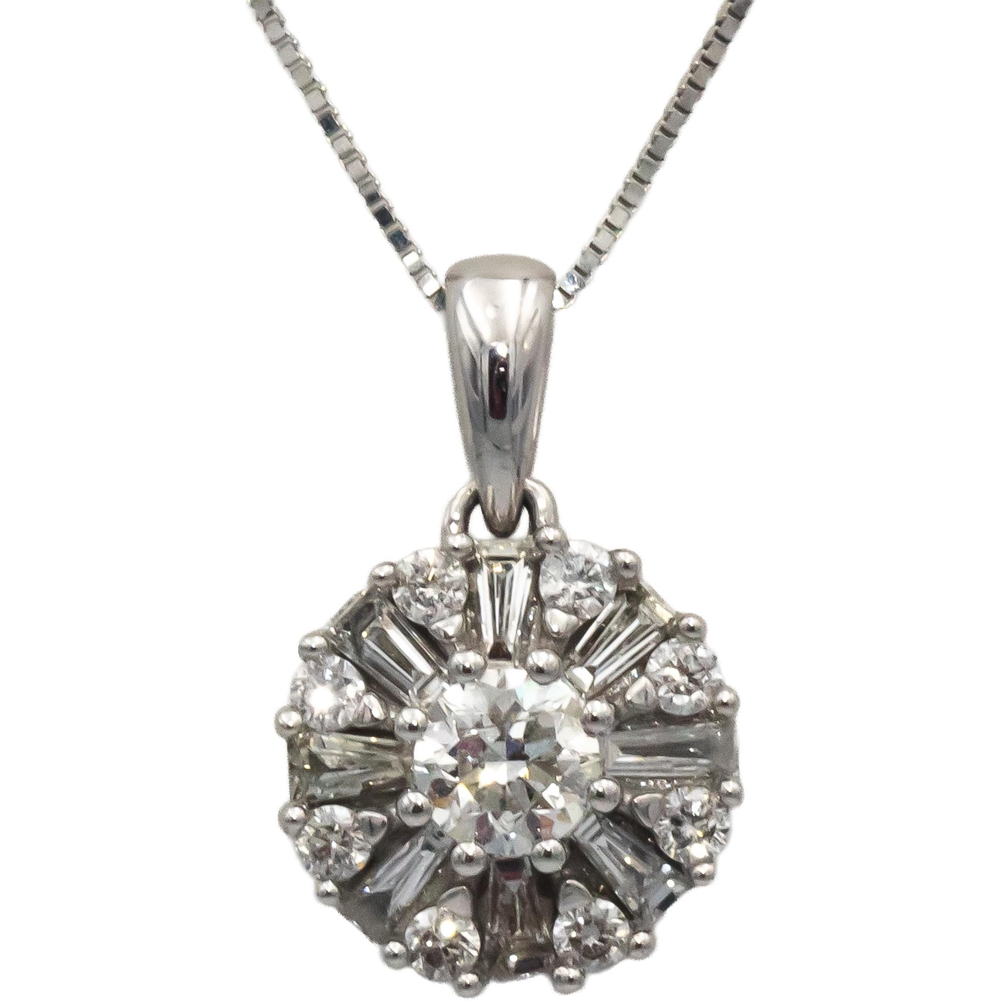 10k White Gold Round & Baguette Cut Diamond Cluster Pendant Necklace 0.75CT