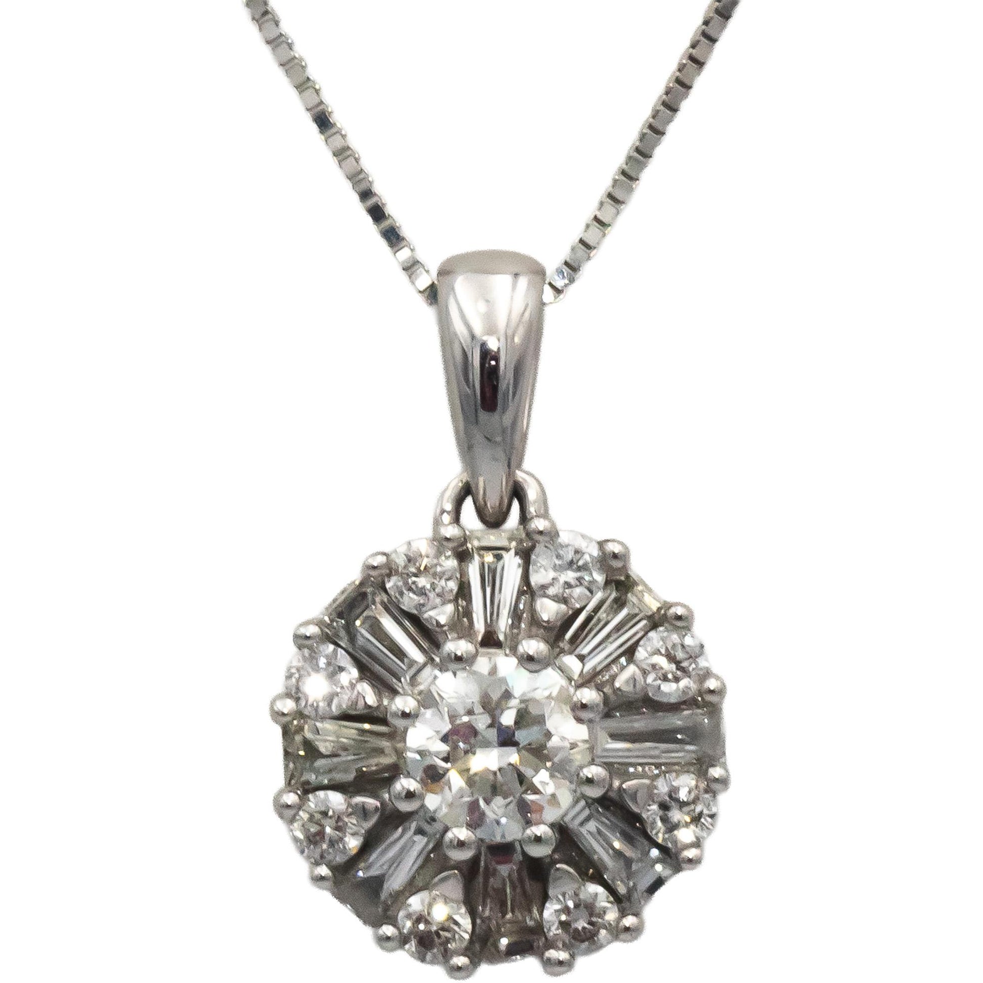 10k White Gold Round & Baguette Cut Diamond Cluster Pendant Necklace 0.75CT