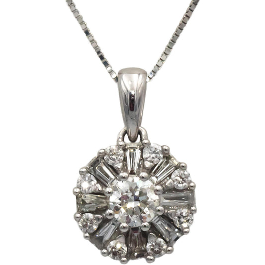 10k White Gold Round & Baguette Cut Diamond Cluster Pendant Necklace 0.75CT