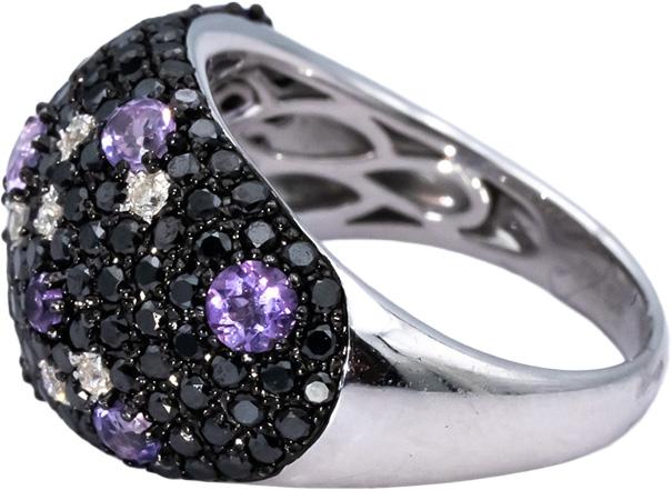14k White Gold Round Black & White Diamond Amethyst Cluster Ring 1.0CTW Size 6.5