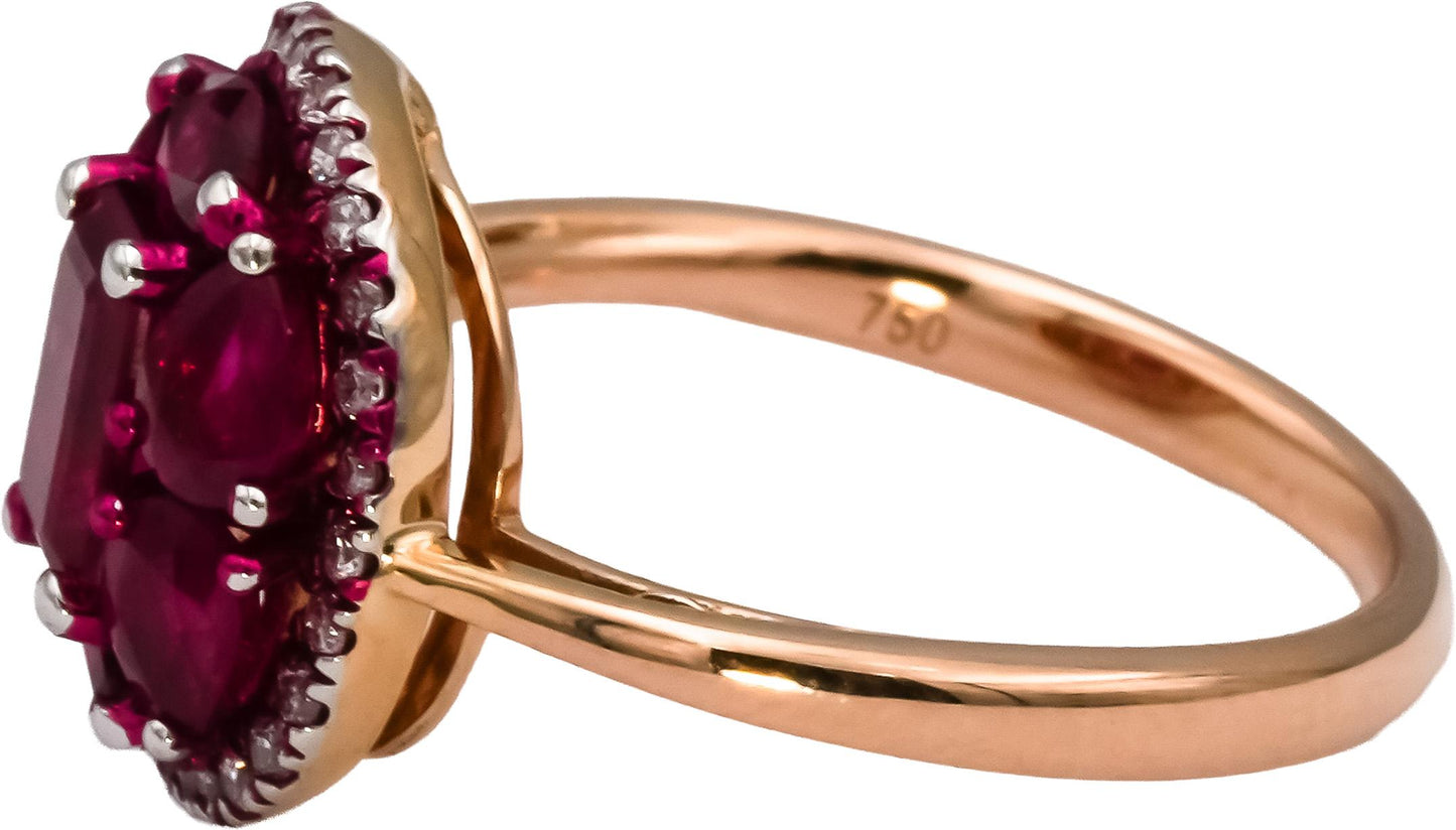 18k Rose Gold Ruby and Diamond Cluster Cocktail Ring 2.04CT Size 5.5