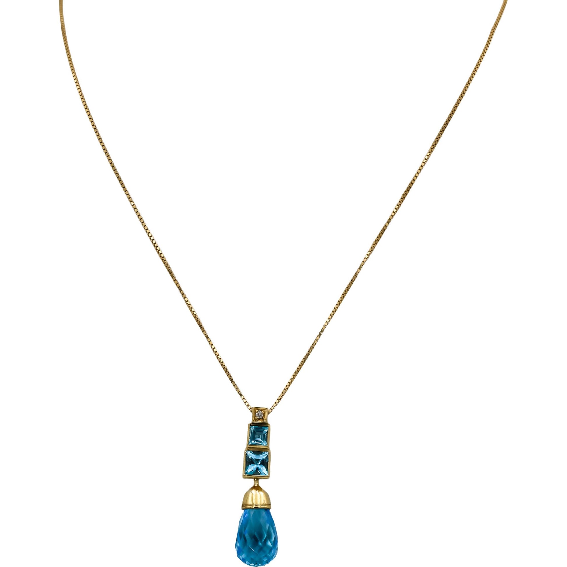 18k Yellow Gold Blue Topaz Pendant Necklace w/ Diamond Accent