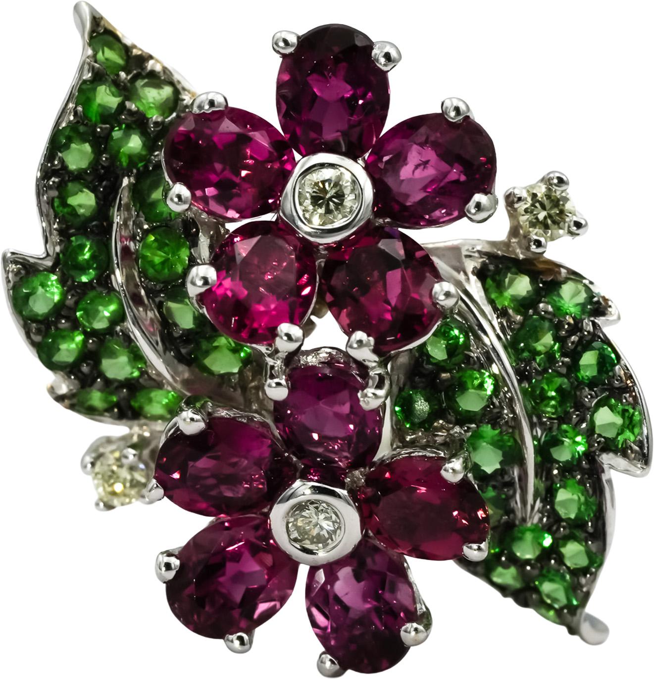 18k White Gold Diamond Pink and Green Tourmaline Flower Earrings 5.25CT