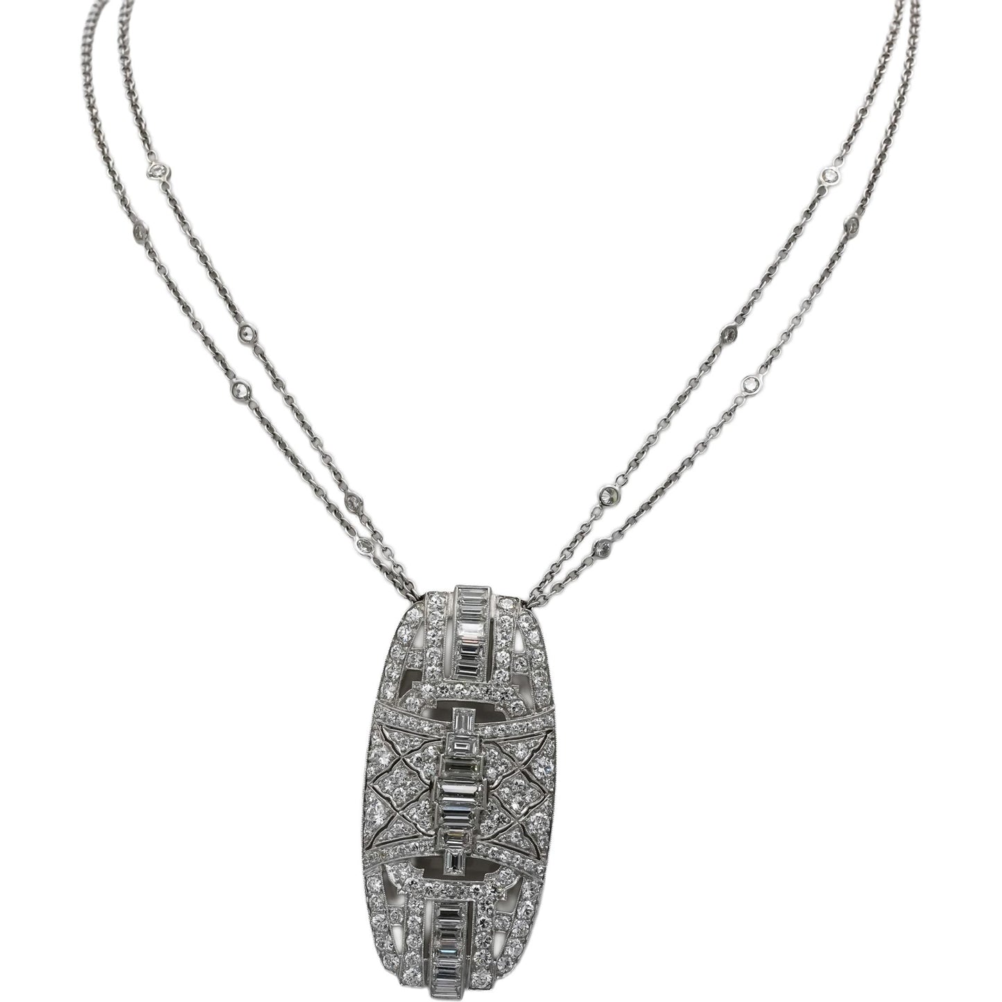 Antique Art Deco 18k & Platinum VS Diamond Pendant Double Chain Necklace 7.0CT