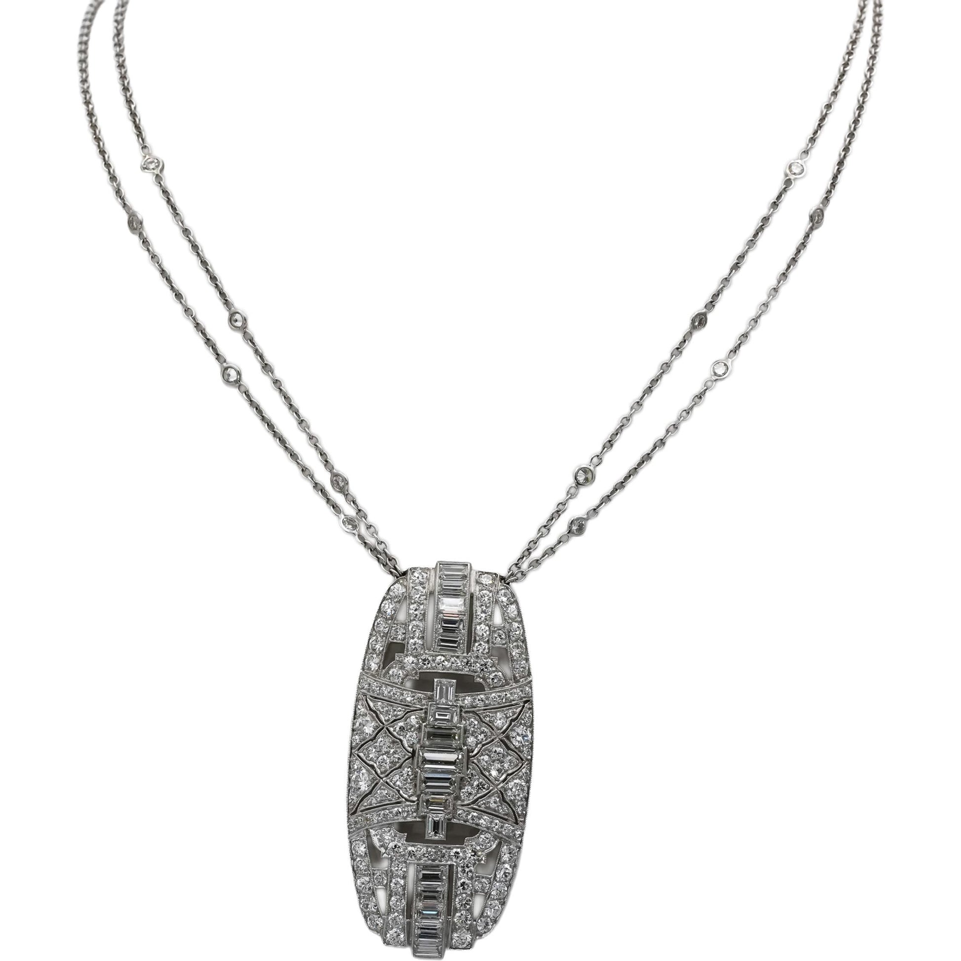 Antique Art Deco 18k & Platinum VS Diamond Pendant Double Chain Necklace 7.0CT